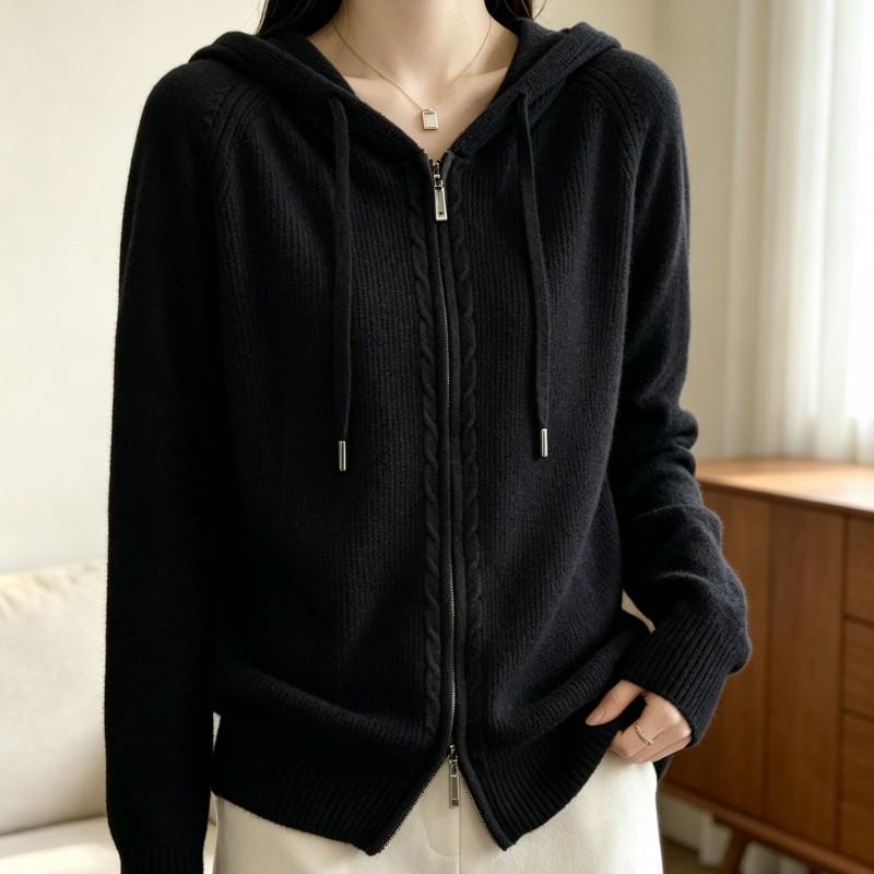 Womens Oversized Knit Cardigan Hooded Zip-Up Sweater Soft Acrylic Blend Casual Chic Outerwear 2026 Fall