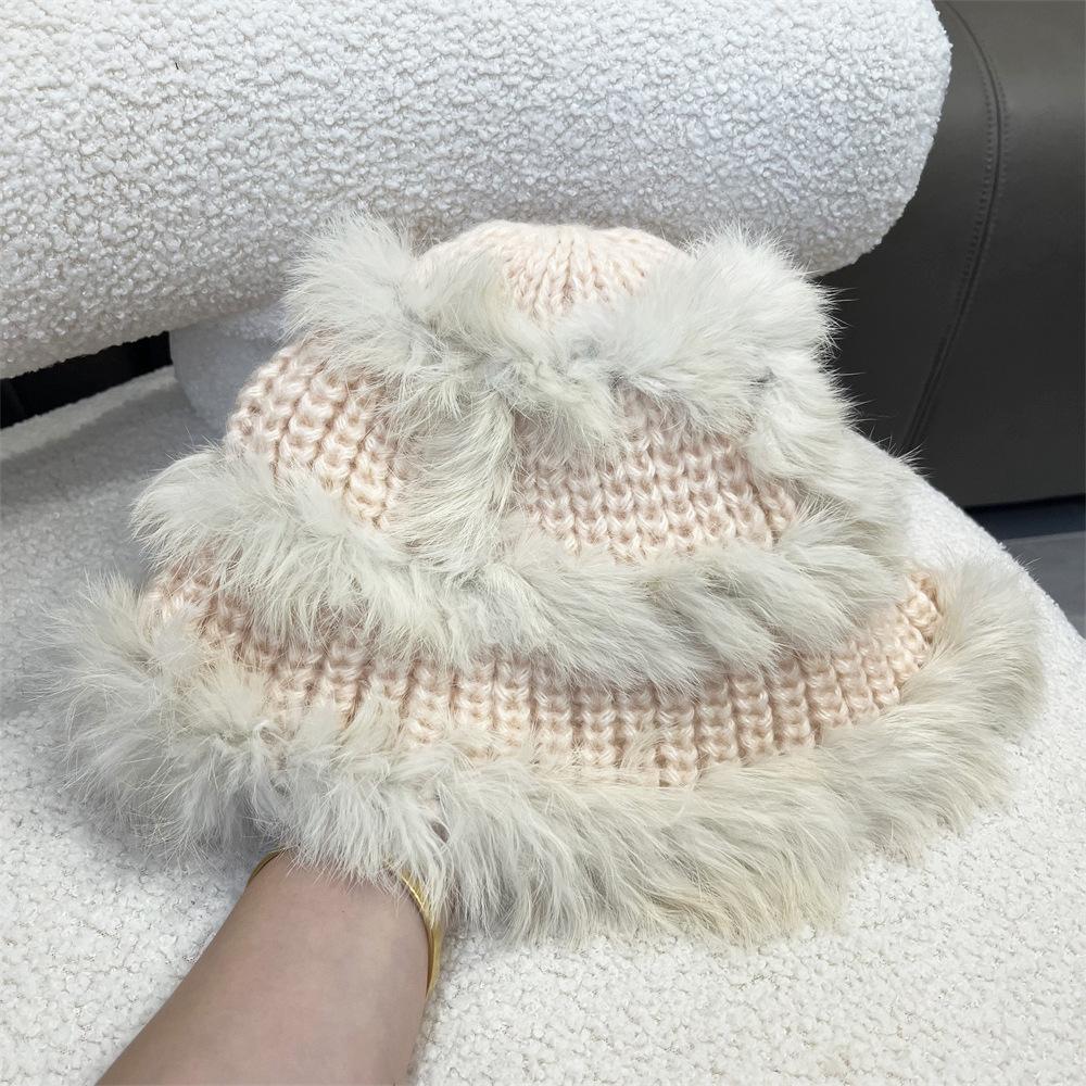 Rabbit fur hat women's autumn and winter thickened knitted hat cute face bucket hat warm wool hat plush lion hat