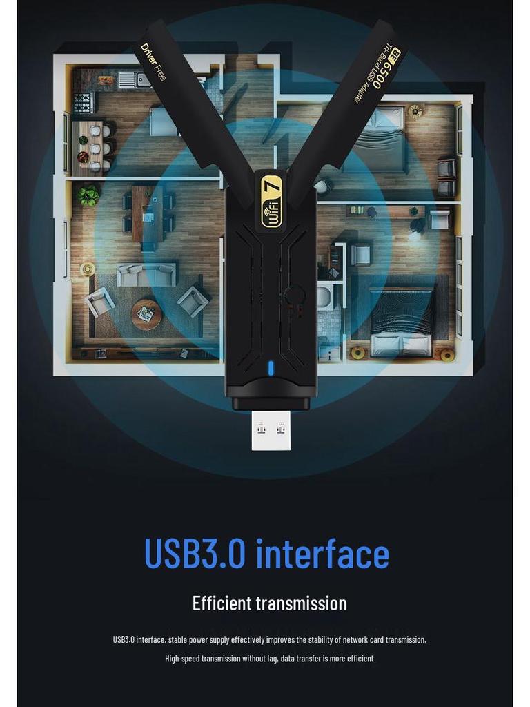 Wi-Fi 7 Tri-Band USB Wireless Network Adapter for Desktop & Laptop - No Driver Needed, Ideal for Gaming