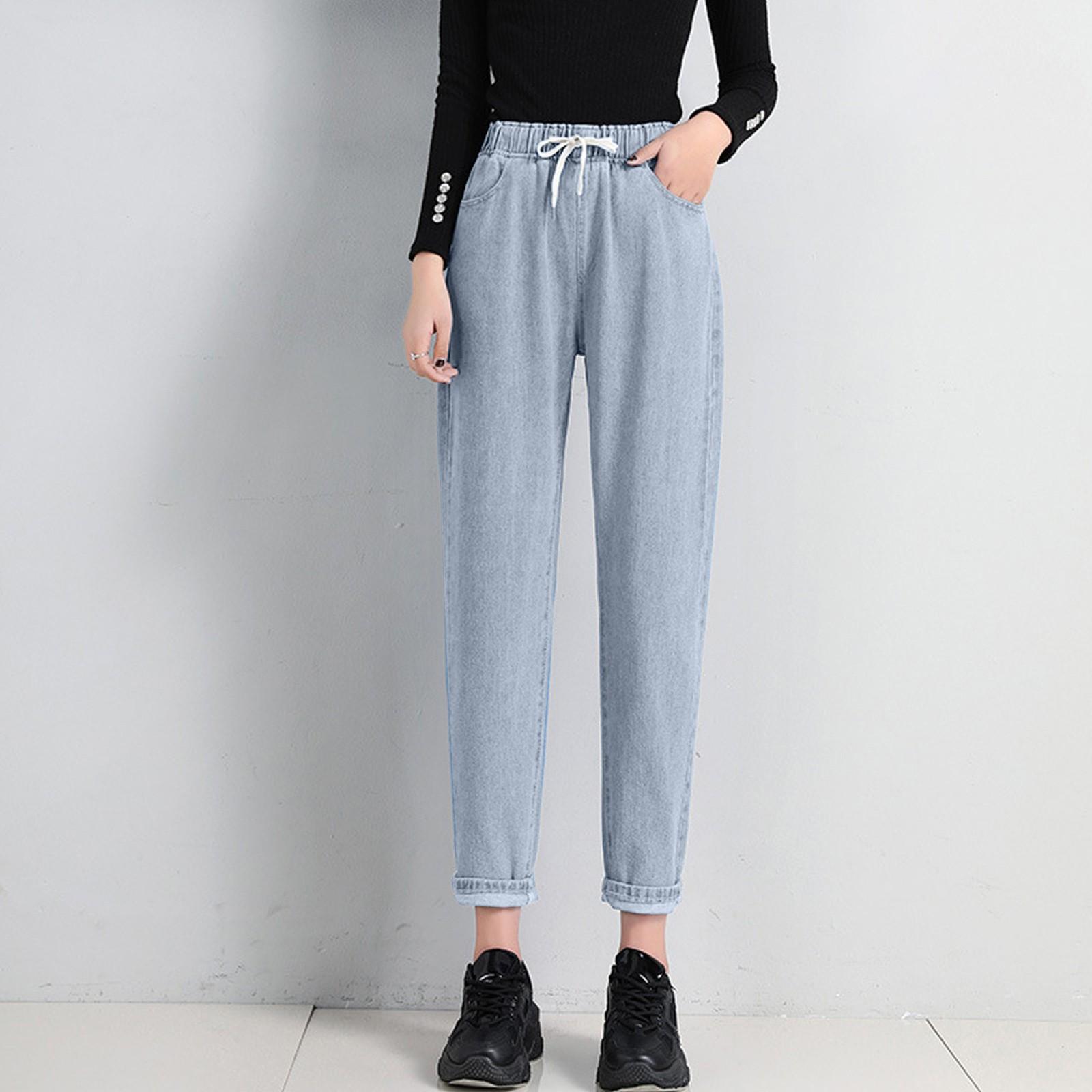 

Женские прямые повседневные джинсы с эластичной резинкой на талии и высокой талией, свободные брюки девять четвертей M