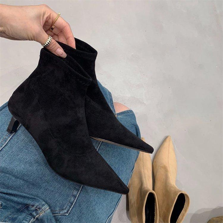 Autumn and winter soft-soled elastic thin boots pointed-toed thin-heeled boots women's short boots small heel versatile black suede single boots