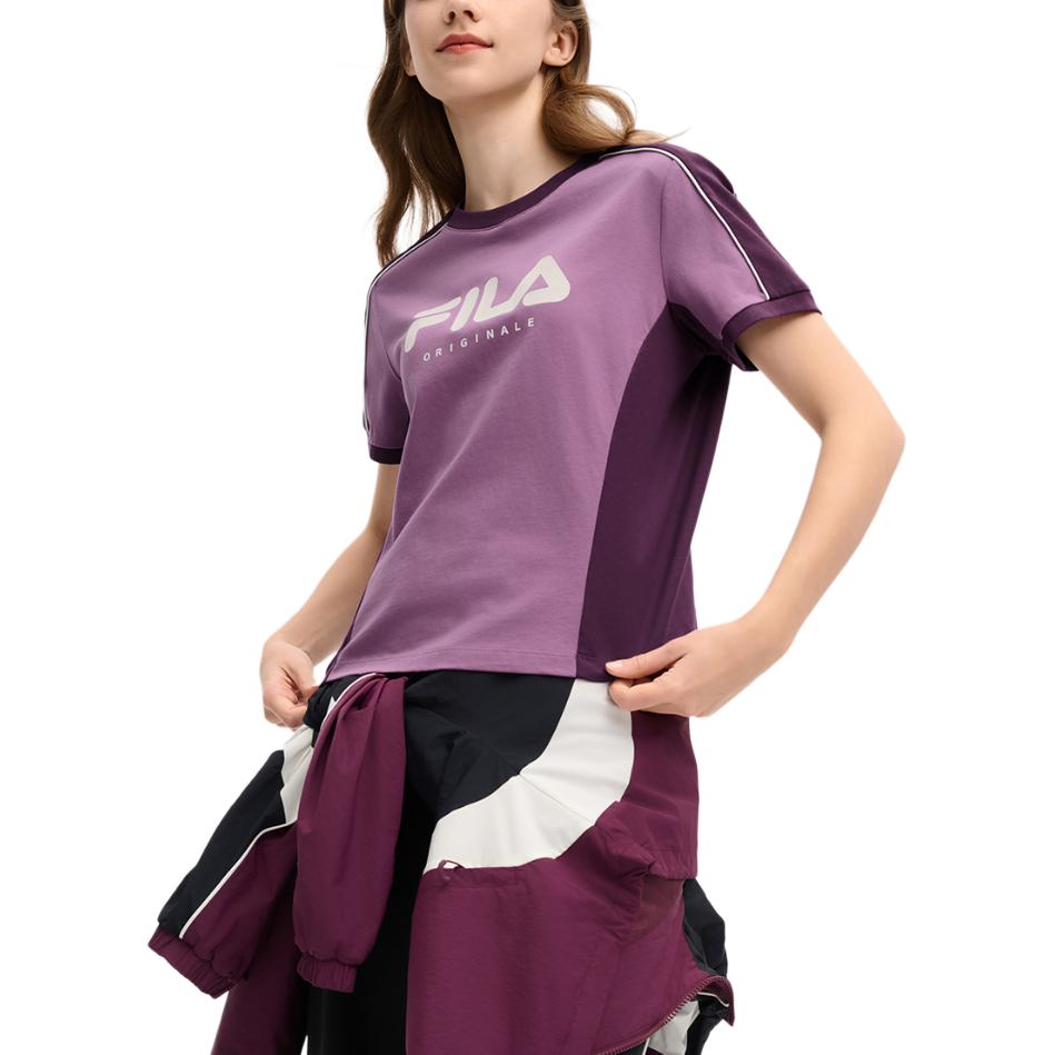 Fila Versatile Casual Color Block Knit Short Sleeve Round Neck T-Shirt Women Tops Diamond-Purple F11W519101FPU