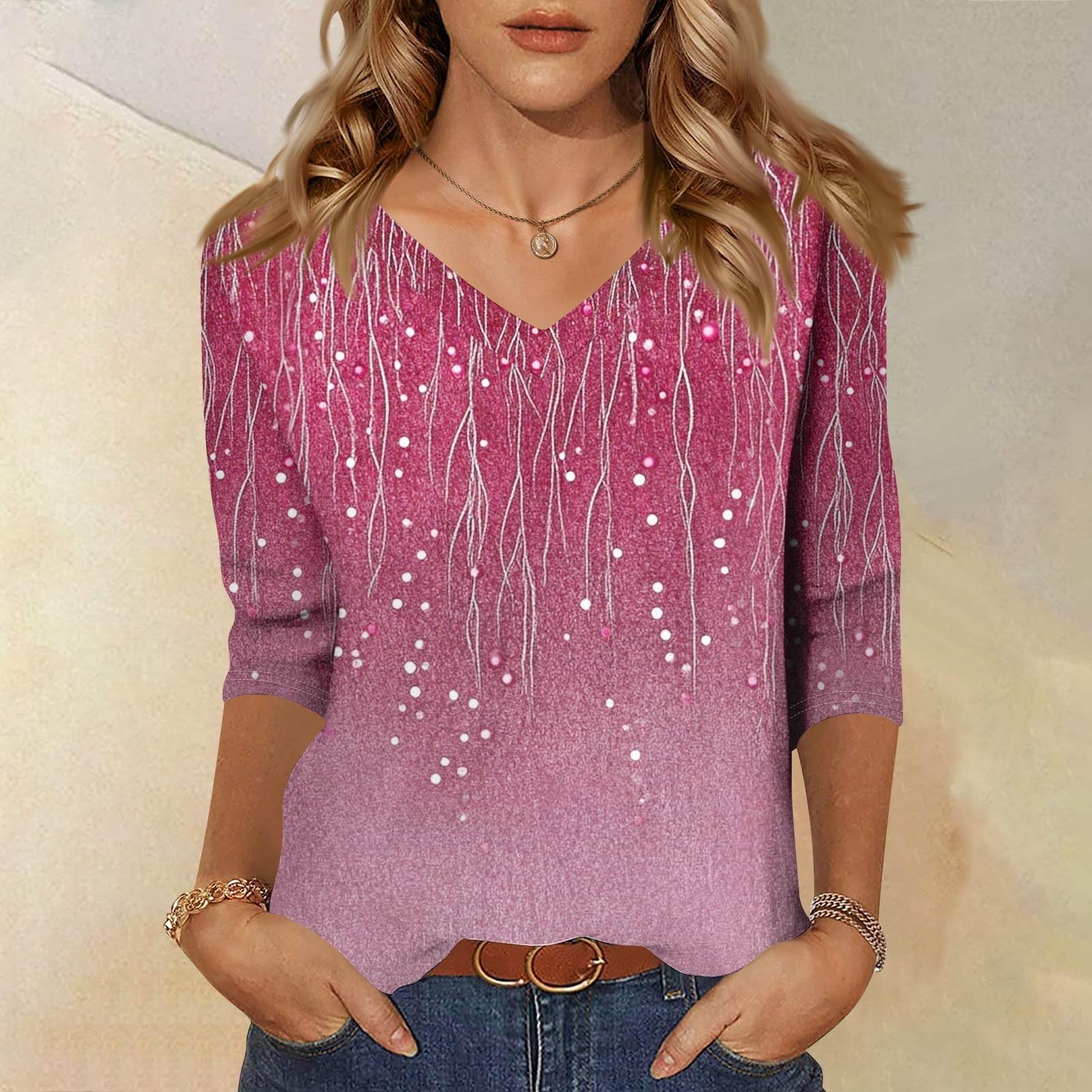 

Женские топы, рубашка с рукавом три четверти, свободная повседневная рубашка с V-образным вырезом, футболка с цветочным принтом XXXL розовый