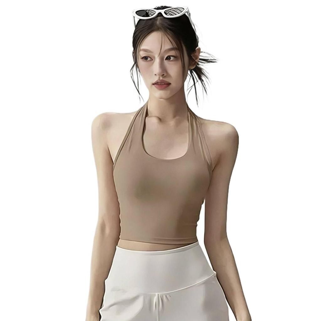 Women's Halter Neck Yoga Tank Top with Chest Pads & Cross Straps - Sexy Fitness Camisole Crop for Pilates