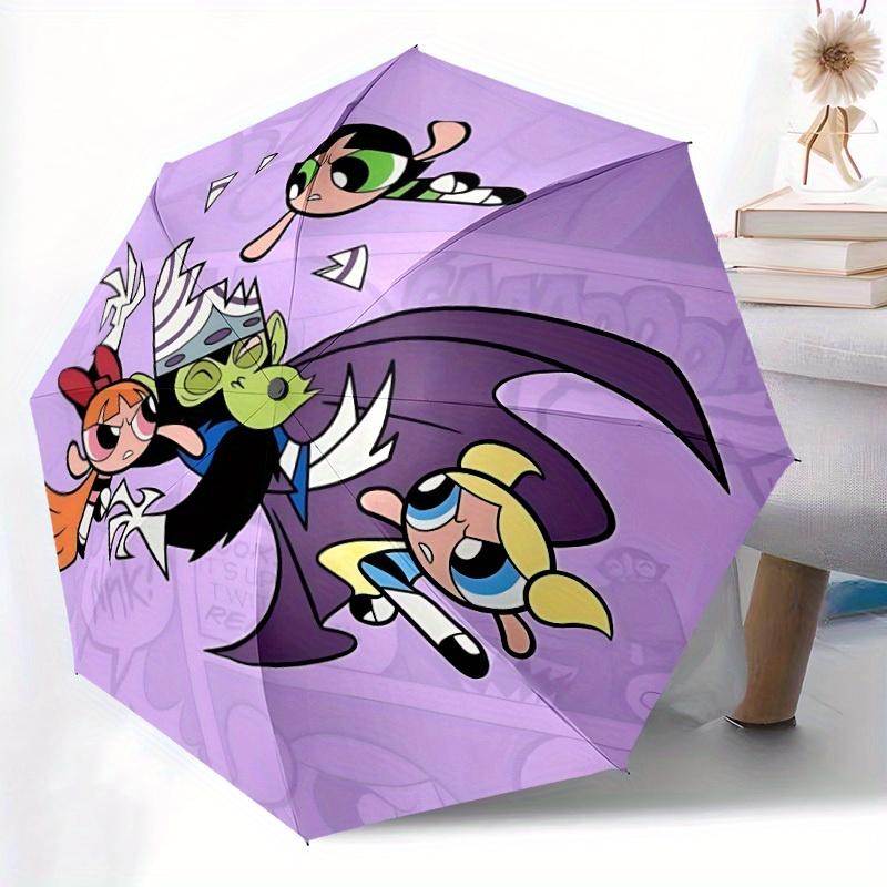 Powerpuff Girls Battle Automatic Cute Umbrella - Foldable with 8 Iron Ribs, Portable for Outdoor, Gift, Outdoor Umbrell, Playful Accessory,