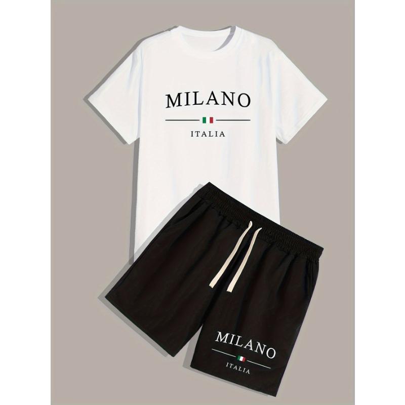 

Milan Italian print, men s 2-piece set, summer round neck short-sleeved T-shirt and drawstring shorts set S