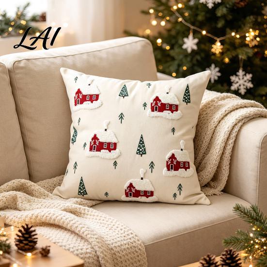 Festive Cushion Covers Christmas Cottage Cover Red Snowy House Pillowcase Decorative Cover Throw Pillow Case for Sofa Couch Farmhouse Home