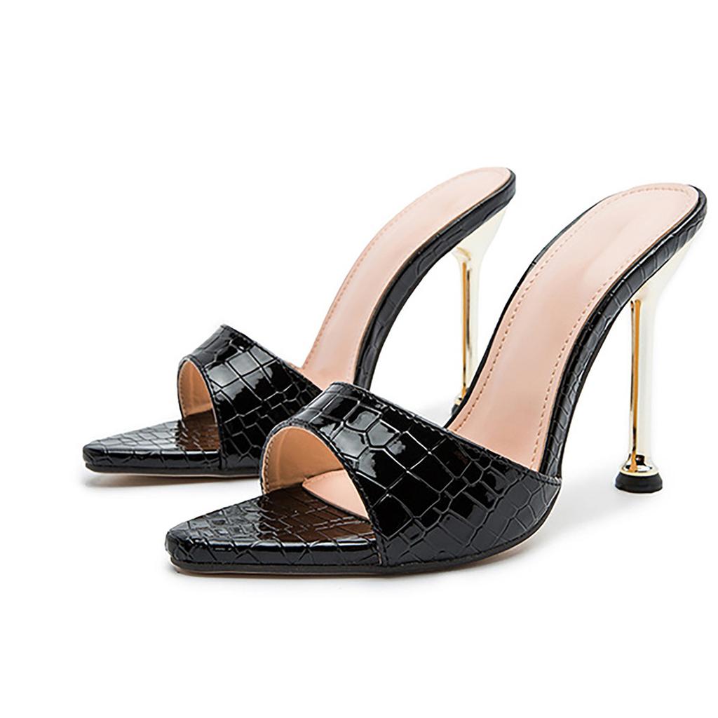 Women Slippers Snake Print Strappy High Heel Flip Flops Point Toe Slides Sandals