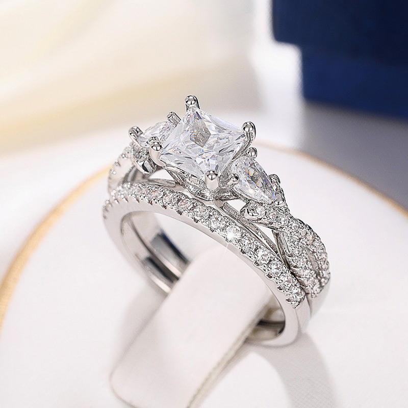 Huitan Luxury Princess Cubic Zirconia Set Rings Women for Wedding High-quality  Color Eternity Bride Rings Fashion Jewelry