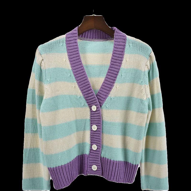 Spring and Autumn V Neck Short Color Stitching Bubble Long Sleeve Single-Breasted Cardigan Outwear Knitting Sweaters Women's Clothing