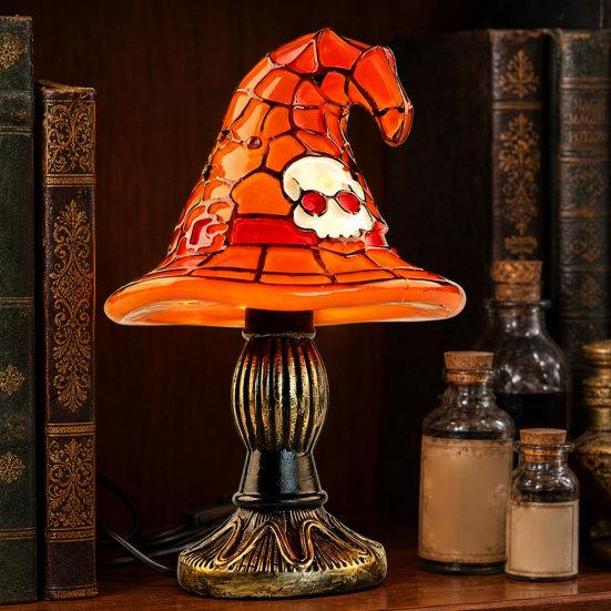 Halloweenový čarodějnický klobouk Stolní lampa, USB vitrážová čarodějnická klobouková lampa, Vintage gotický kouzelnický klobouk Dekorativní noční světlo pro domov, ložnici