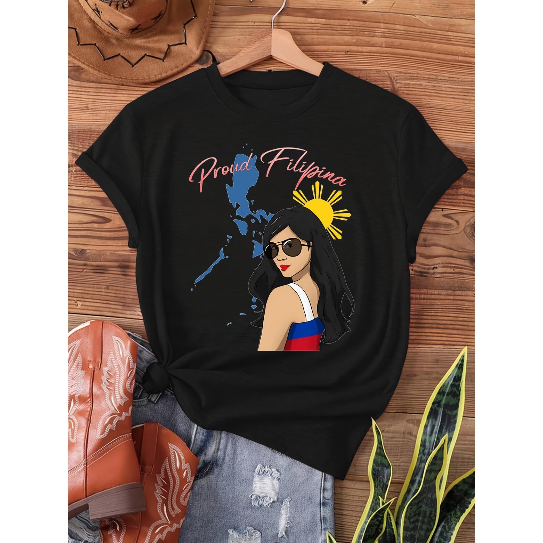 

Filipina Proud Flag Print T-Shirt, Short Sleeve Crew Neck Casual Top for Summer & Spring, Women S Clothing XXL чорний