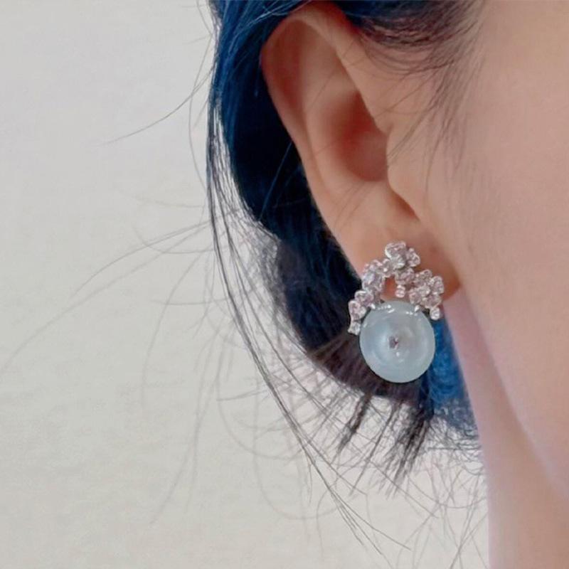 silver inlaid full diamond flowers natural ice chalcedony round green earrings for women high-end fashion party  gift
