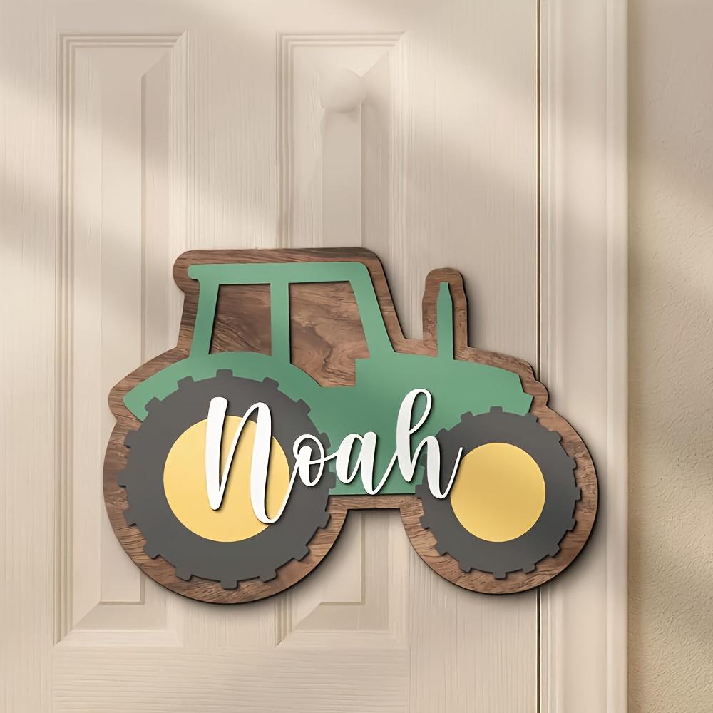 Customized wooden tractor logo, personalized name "Noah" - green and brown farm decoration, suitable for children's rooms or pla