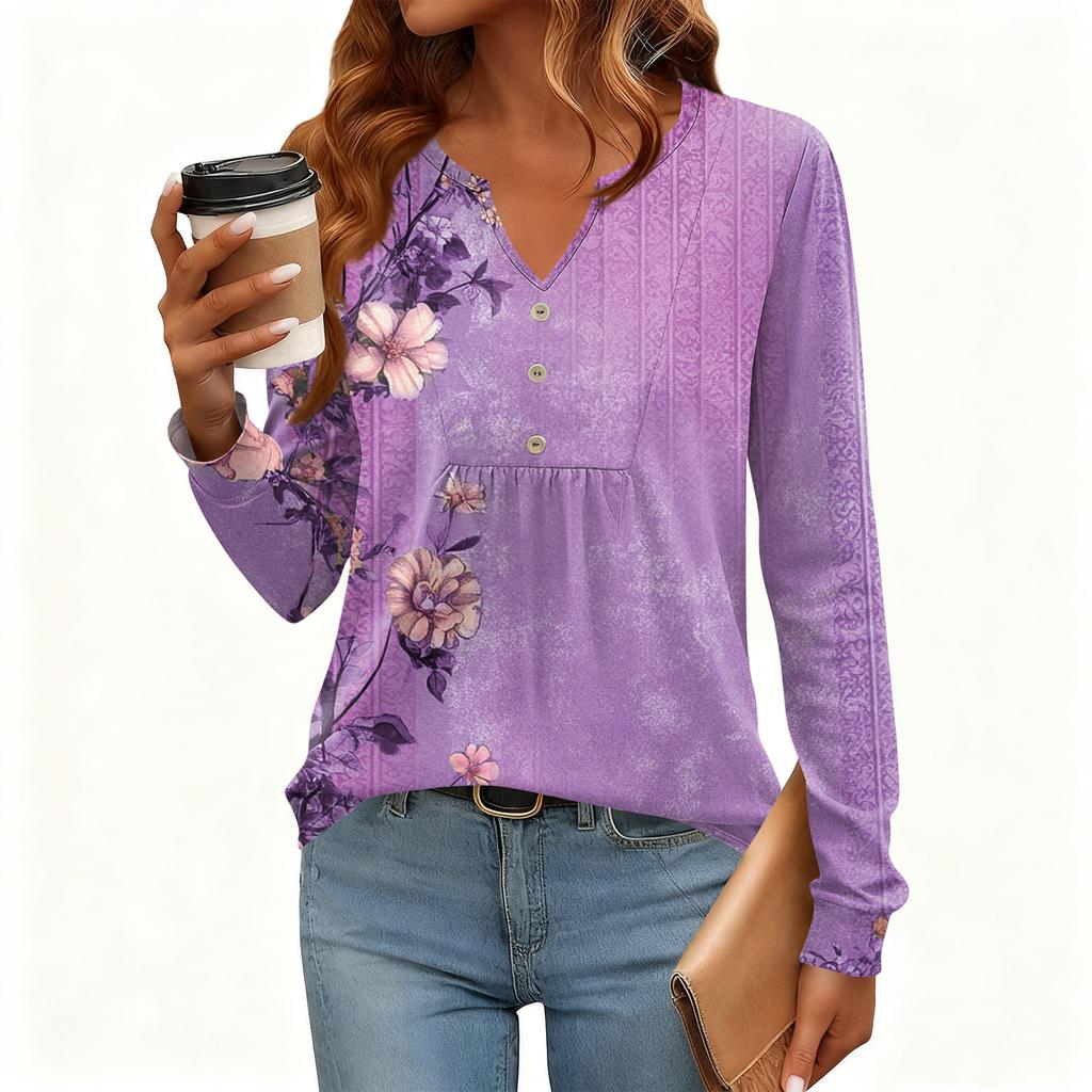 Γυναικείο Χαλαρό, V-λαιμόκοψη, Ρετρό Χρώμα, Μπλοκ με Φλοράλ Σχέδιο, Μακρυμάνικο Πουλόβερ T-shirt