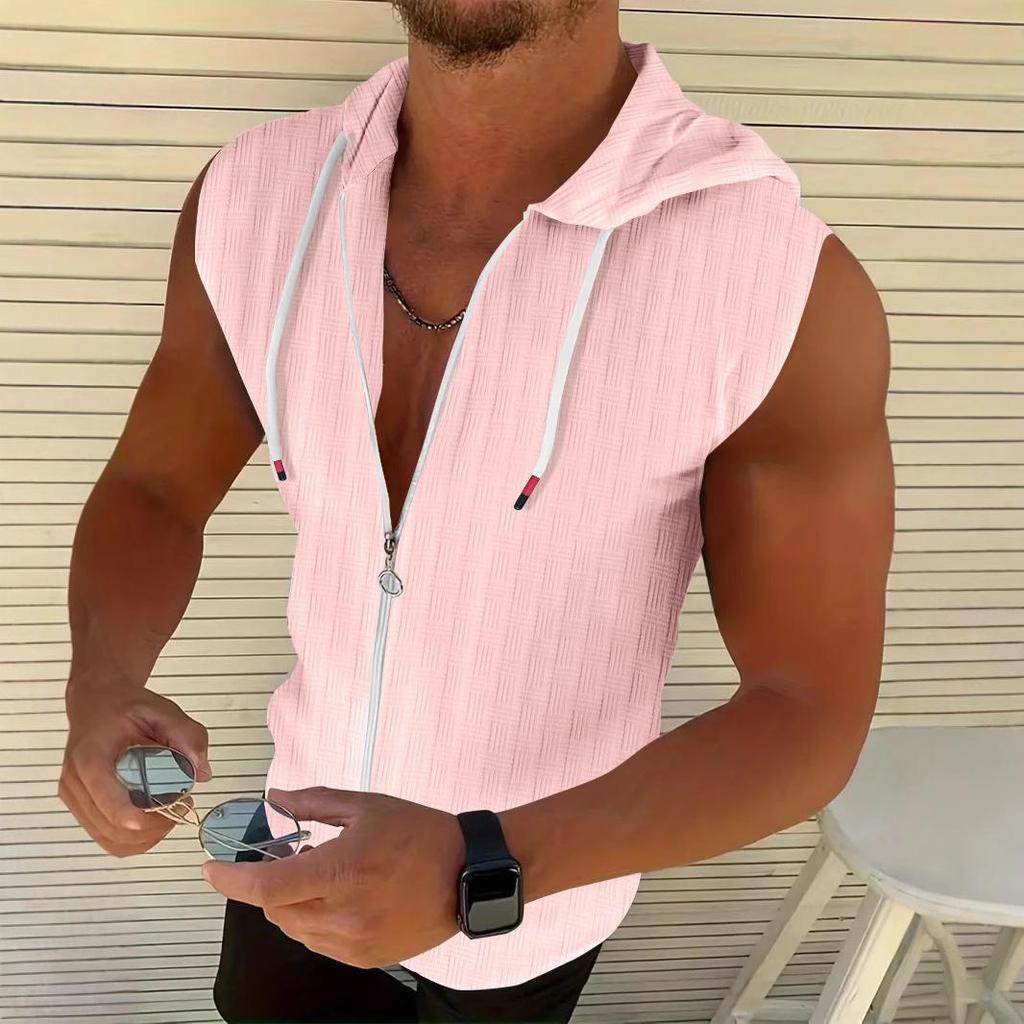 Summer men's jacquard striped zipper cardigan sleeveless hooded T-shir