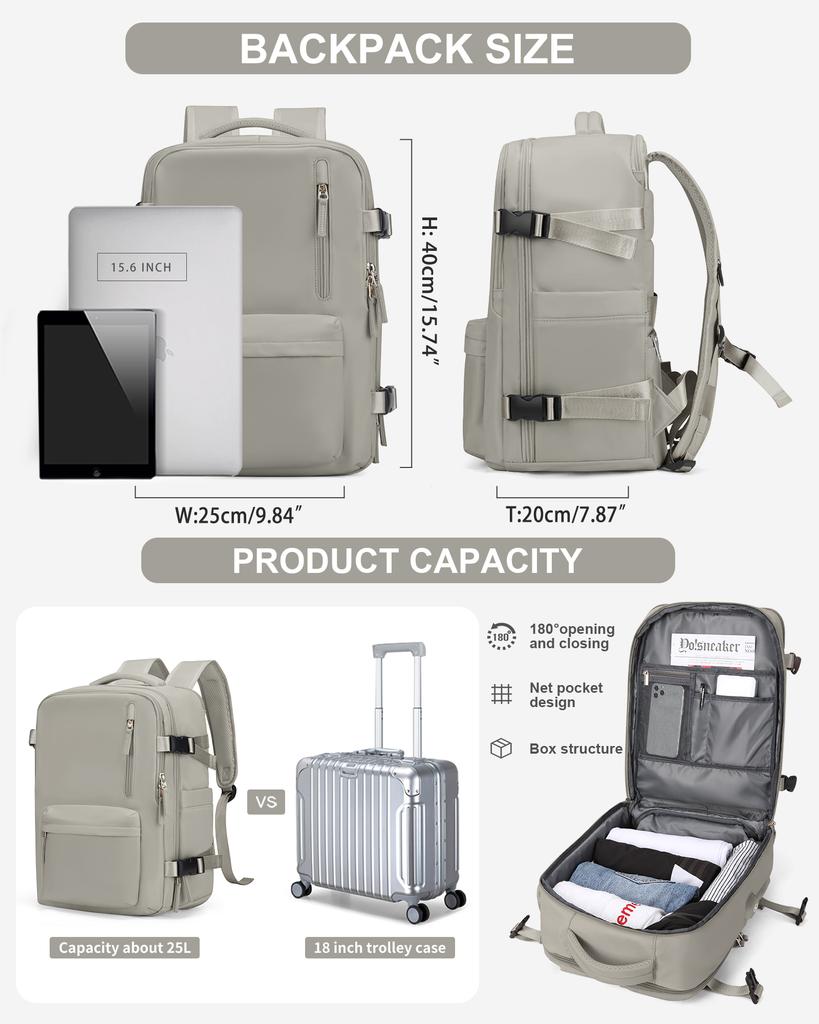 Reiserucksack für Damen, Fluglinien-Handgepäck genehmigt, Diebstahlsicher, Business-Laptop, Großer Tagesrucksack, Weekender-Tasche