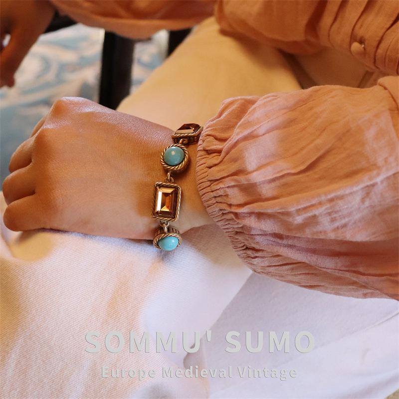 Винтажный модный бирюзовый набор колье и браслета, универсальные аксессуары из латуни с цирконом и кристаллами для женщин