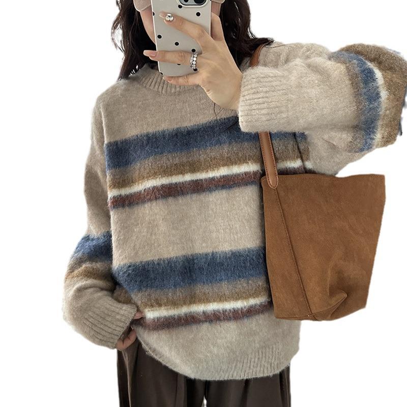 Round Neck Mohair Gradient Striped Sweater Women's Autumn and Winter New Lazy Style Mid-length Loose Knitted Top