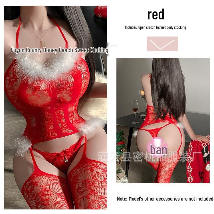 Fluffy Fishnet Suspender Bodystocking: Halter, Open Crotch, Christmas & New Year.