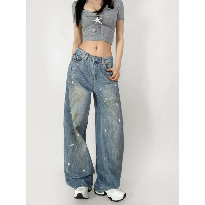 High Quality! Cotton American Heavy Industry Retro Low Waist Loose Pants Hand Frayed Old Splash Ink Paint Dirty Denim