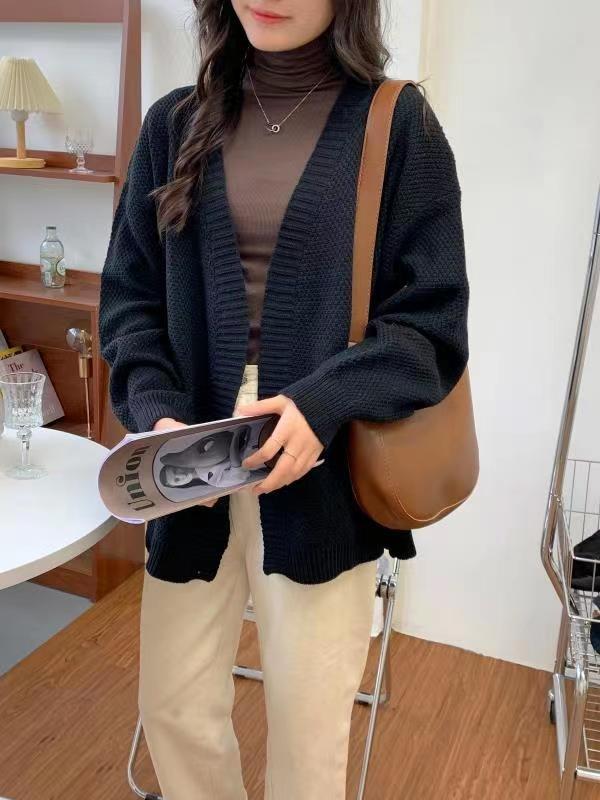 French Retro Mid Length Autumn Outerwear with Thick Thread, Loose Fit, Small Hollow Out, Women's Knitted Cardigan