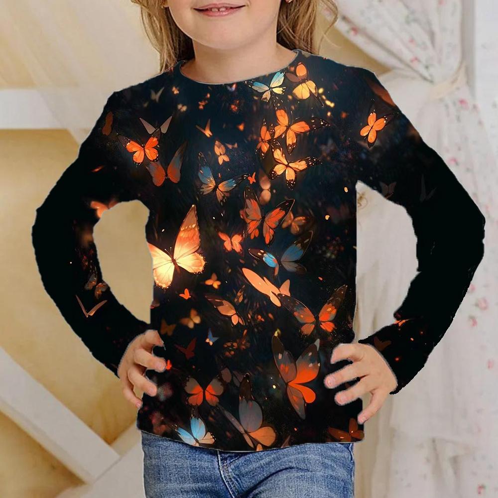 Spring and Autumn Round Neck Butterfly Pattern 3D Printed Top Fashionable Casual Long Sleeved Children's Girl T-shirts