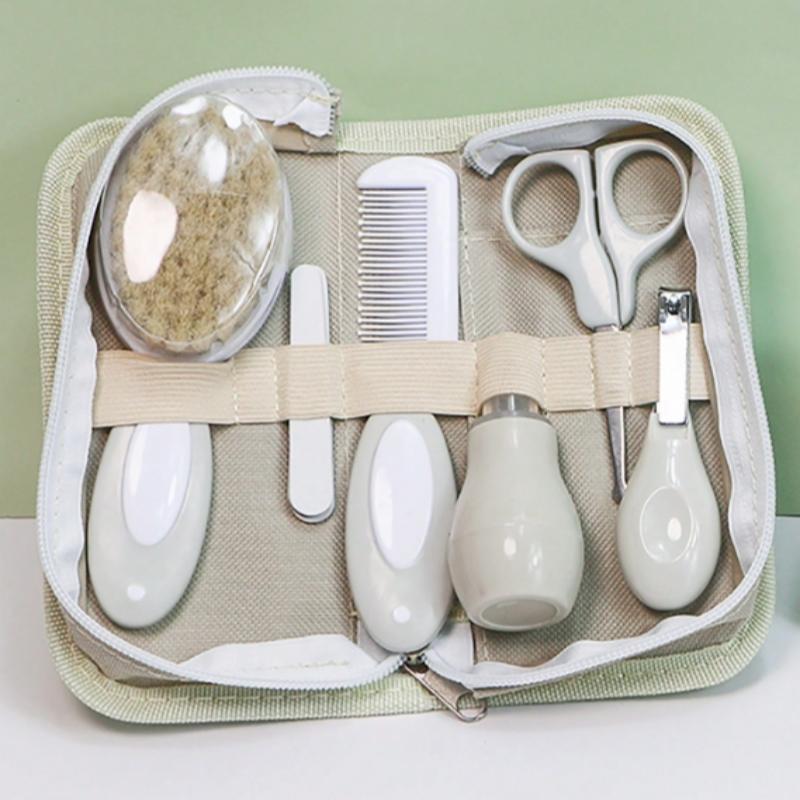

Khaki baby care kit, baby nose inhaler, nail clippers, file, brush, scissors, comb 6 daily cleaning tools хакі