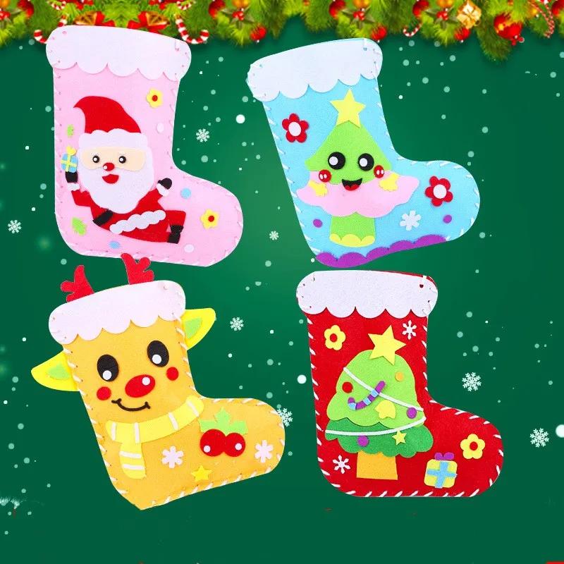 Children DIY Christmas Material Bag Playthings Kindergarten Creative Educational Handmade Cartoon Xmas Sock Cap Craft Kit Plaything for Kids