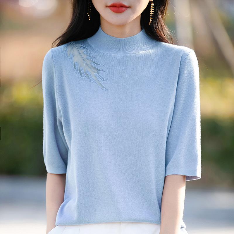 Новый весенне-летний однотонный вязаный свитер с полувысоким воротом и рукавом пять четвертей, свободный S светло-синий