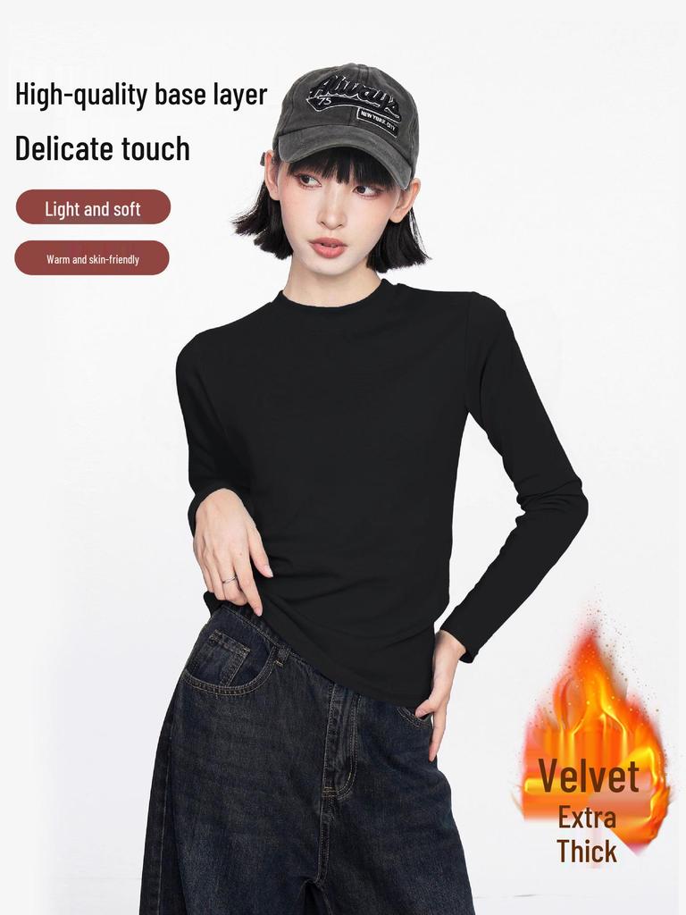 American-Style Women's White Round Neck Slim Fit Long Sleeve Base Layer Top for Spring/Autumn