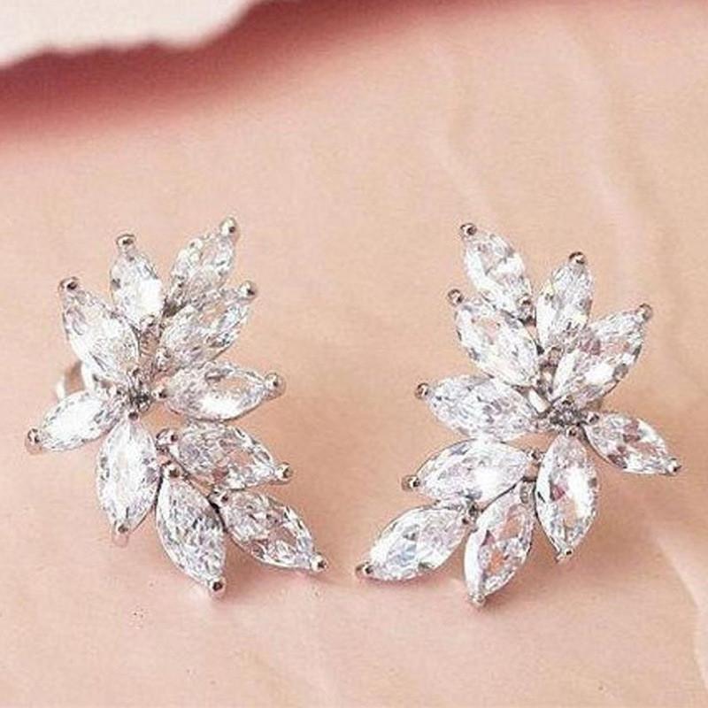 

925 Sterling Silver Chic Leaf Stud Earrings for Women Cubic Zirconia Delicate Accessories Wedding Party Statement Jewelry