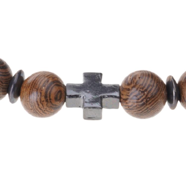 Handmade Natural Wood Bead Cross Bracelet Men Charm Beaded Elastic Bracelets