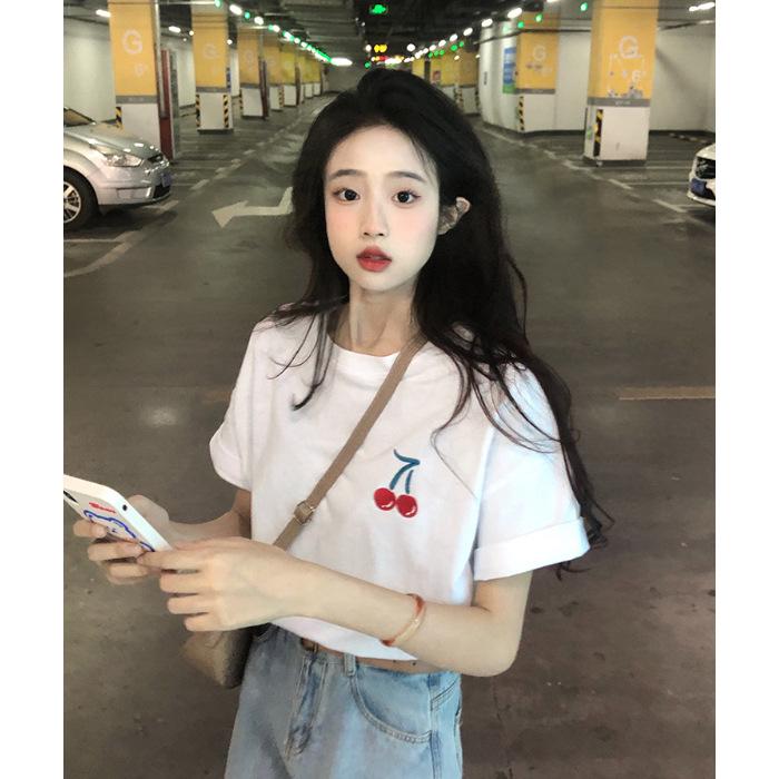 

Хлопковая футболка с мультяшным принтом из чистого хлопка, тяжелая, с коротким рукавом, женская, свободная и модная, с круглым вырезом, с коротким рукавом, топ, базовая футболка S