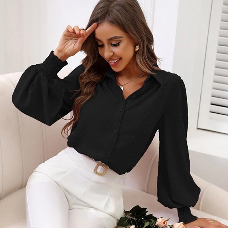 Jarní dámská klopová volná a pohodlná košile Neformální jednobarevná košile s lucernovým rukávem