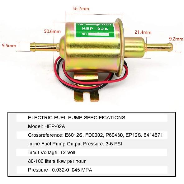 E8012S FD0002 P60430 EP12S Durable 12V Electric Inline Low Pressure Fuel Pump Kit with 2M Fuel Line Fuel Filters Hose Clamp Gold