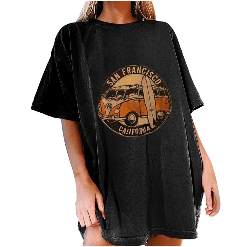 Women's Vintage Car Printed Pattern Casual Short Sleeve Tops Blouse