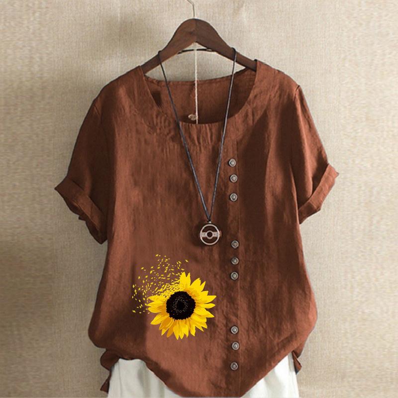 Damenmode Sonnenblumen-Print Kurzarm-T-Shirt Locker Baumwollhemd Lässig Locker Sommerbluse Tops Übergröße