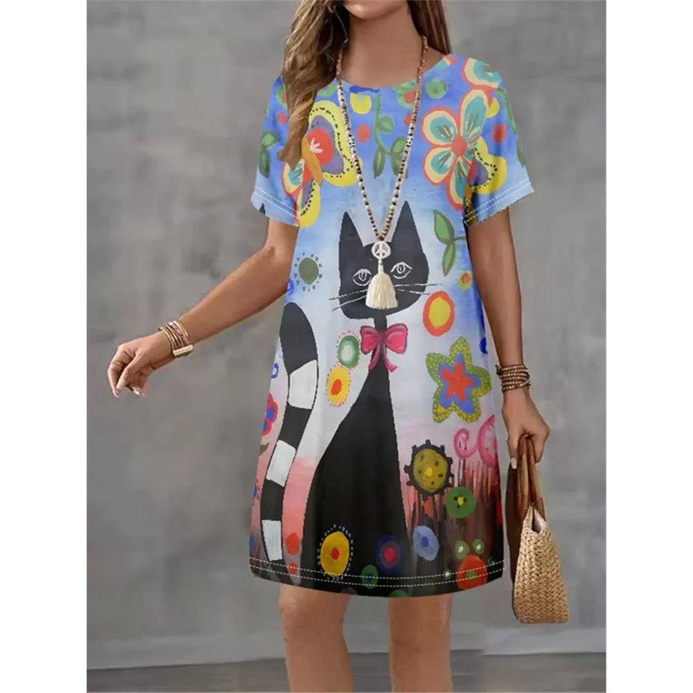 Summer Fashion Cute Rabbit Colorful Animal Printed Dress Ladies Loose Casual Oversized Comfortable Dress