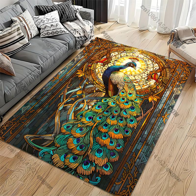 Radiant peacock vibrant stained glass carpet Yoga living room room decor children's crawling mat doormat area rug
