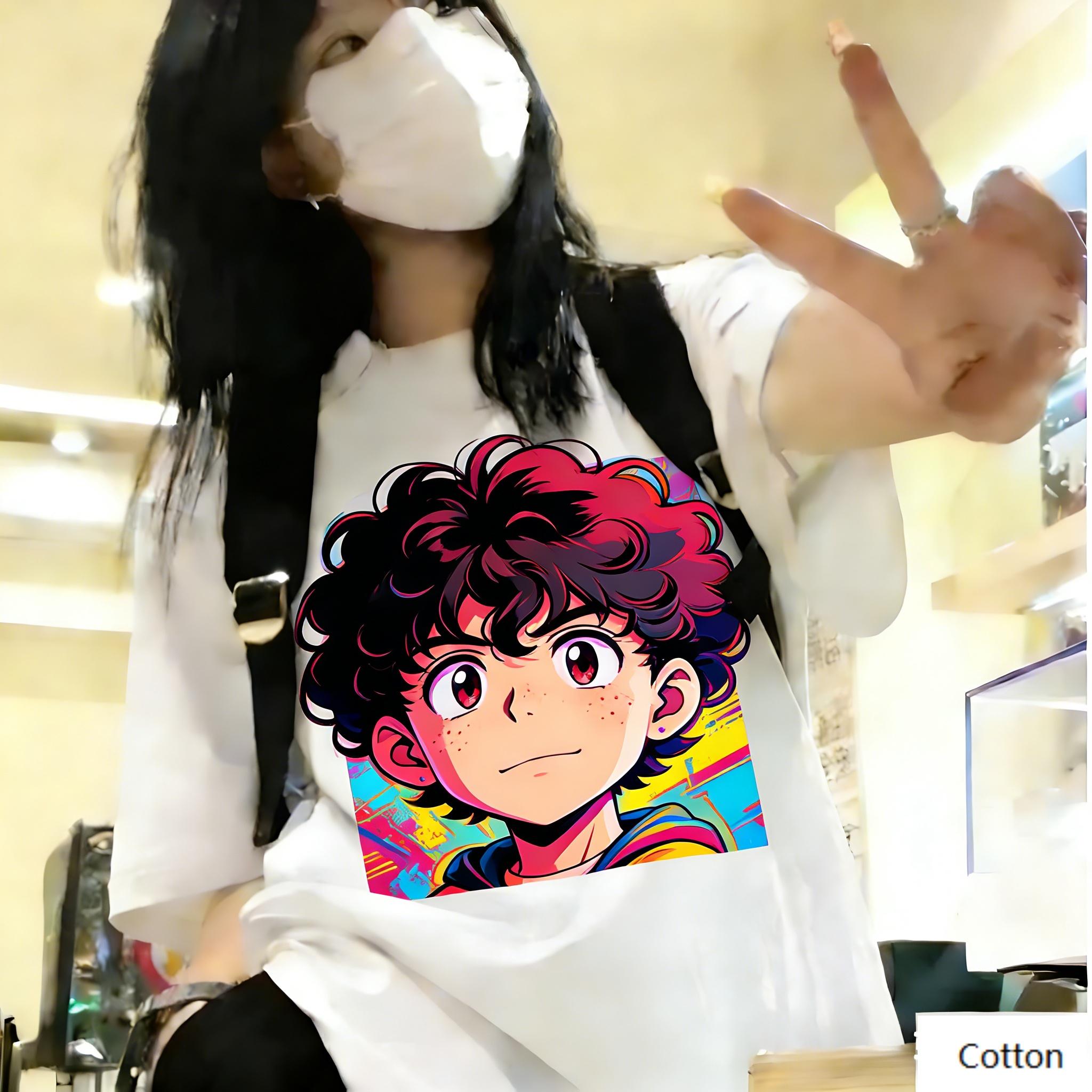 

Japanese Style Unisex Cotton TShirt Featuring Fresh Curly Haired Boy Design Bright Color Block Print Top Perfect for Anime Fan 4XL