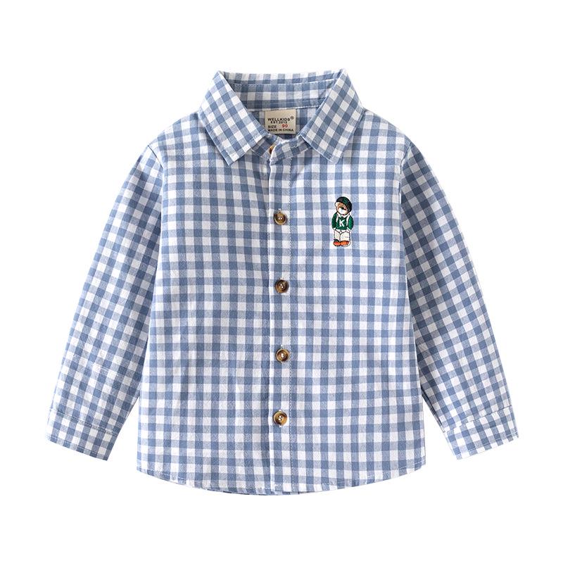 2024 Boys' Cartoon Embroidered Long Sleeve Lapel Shirt