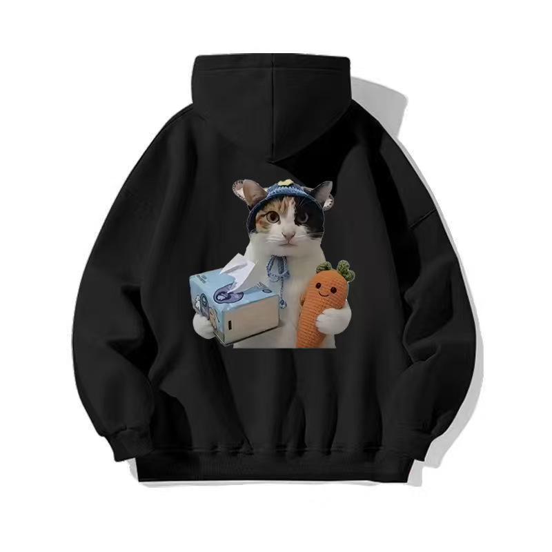 Trendy Autumn/Winter Cat Print Plush Lined Hooded Sweatshirt - Loose, Casual, Versatile Jacket
