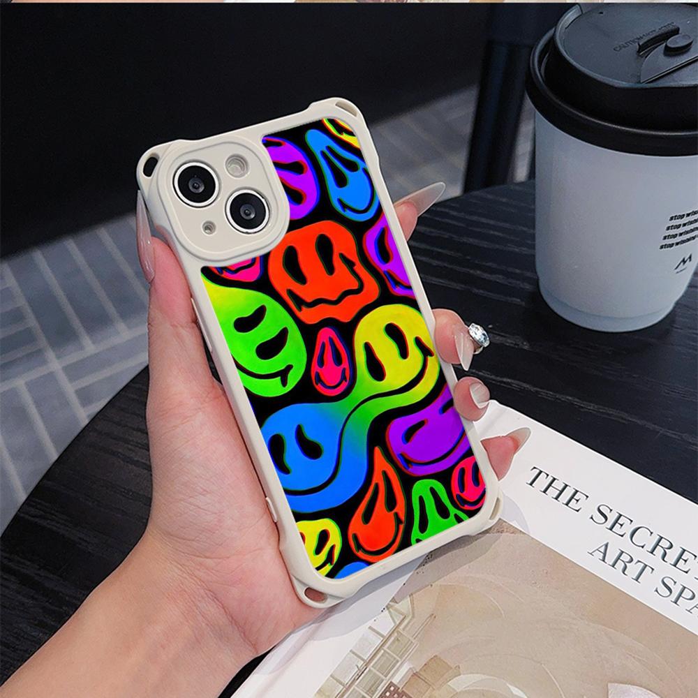 Ae88 Lovely Smiley Art Soft Phone Cases for iPhone 16 15 14 13 12 11 Pro Max XR with Wrist Strap Lanyard Corner Protection Back Cover
