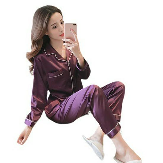 Women's Autumn Korean-Style Imitation Silk Pajamas - Long Sleeve, Two-Piece Cardigan Set for Indoor and Outdoor Wear