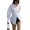 White Long-Sleeve Cinched Waist Slimming Top - Trendy Designer Style for Women, Perfect for Spring & Autumn