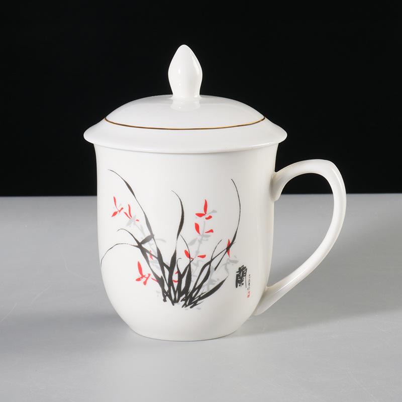 Meilan bamboo chrysanthemum ceramic teacup household large-capacity water cup with lid office meeting cup gift cup set lettering