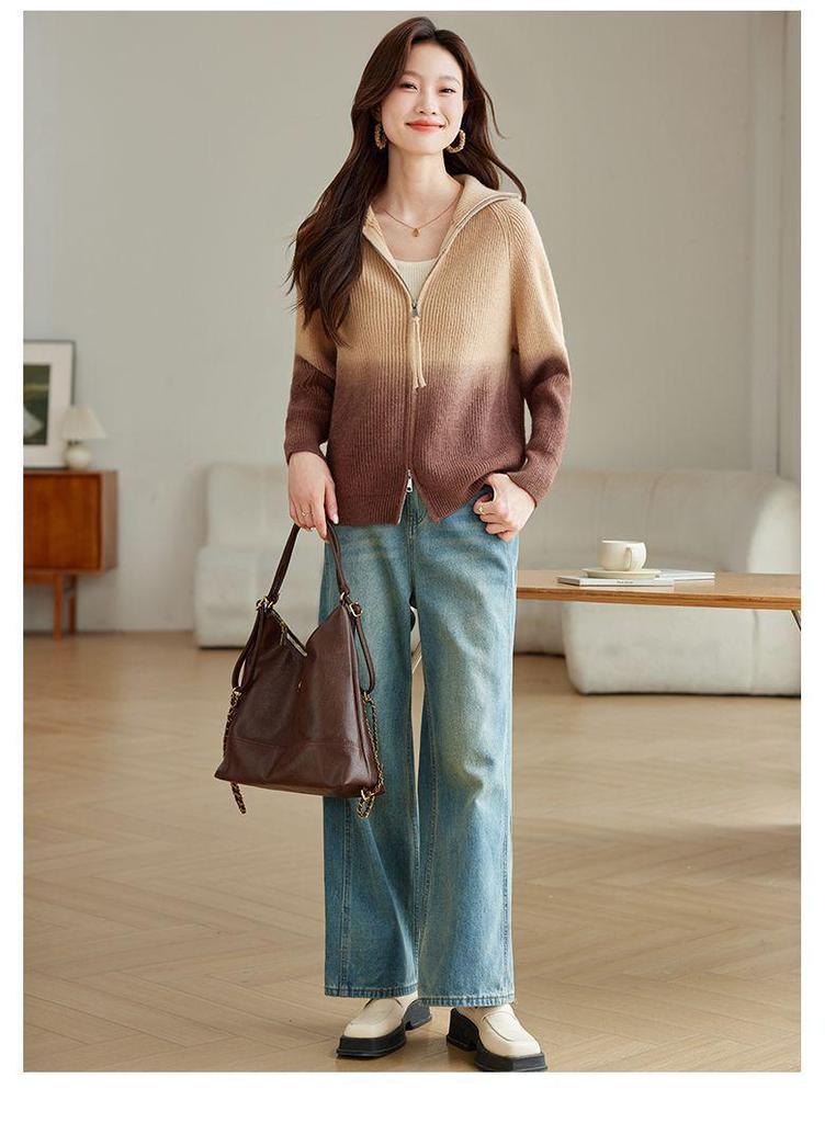 Gradient Knit Women's Cardigan: Autumn/Winter Zipper Sweater - Chic, Versatile Outerwear