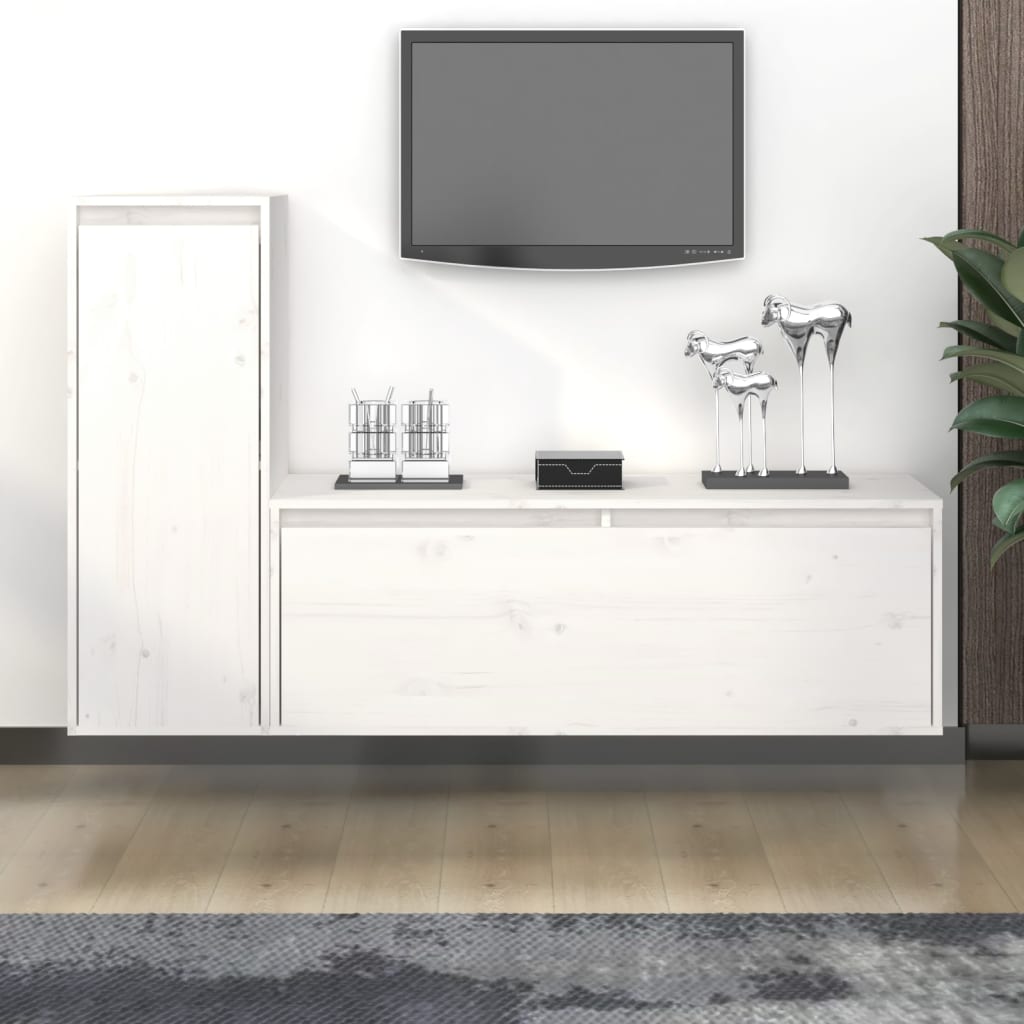 TV Cabinets Set of 2 White Solid Pine Wood