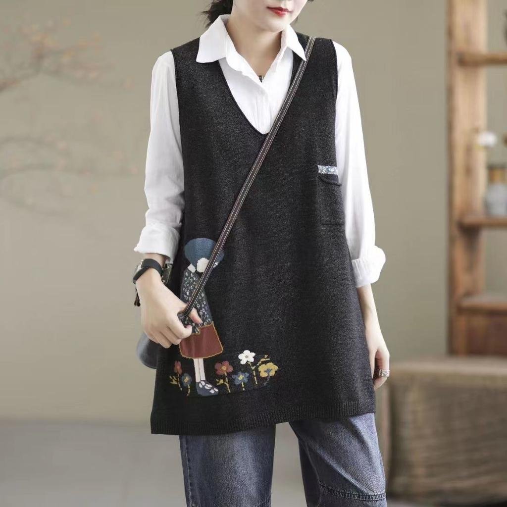 Retro Literature and Art Spring Autumn Winter Women's Pullover V-neck Patchwork Pockets Sweate Fashion Casual Elegant Sleeveless Vest Tops